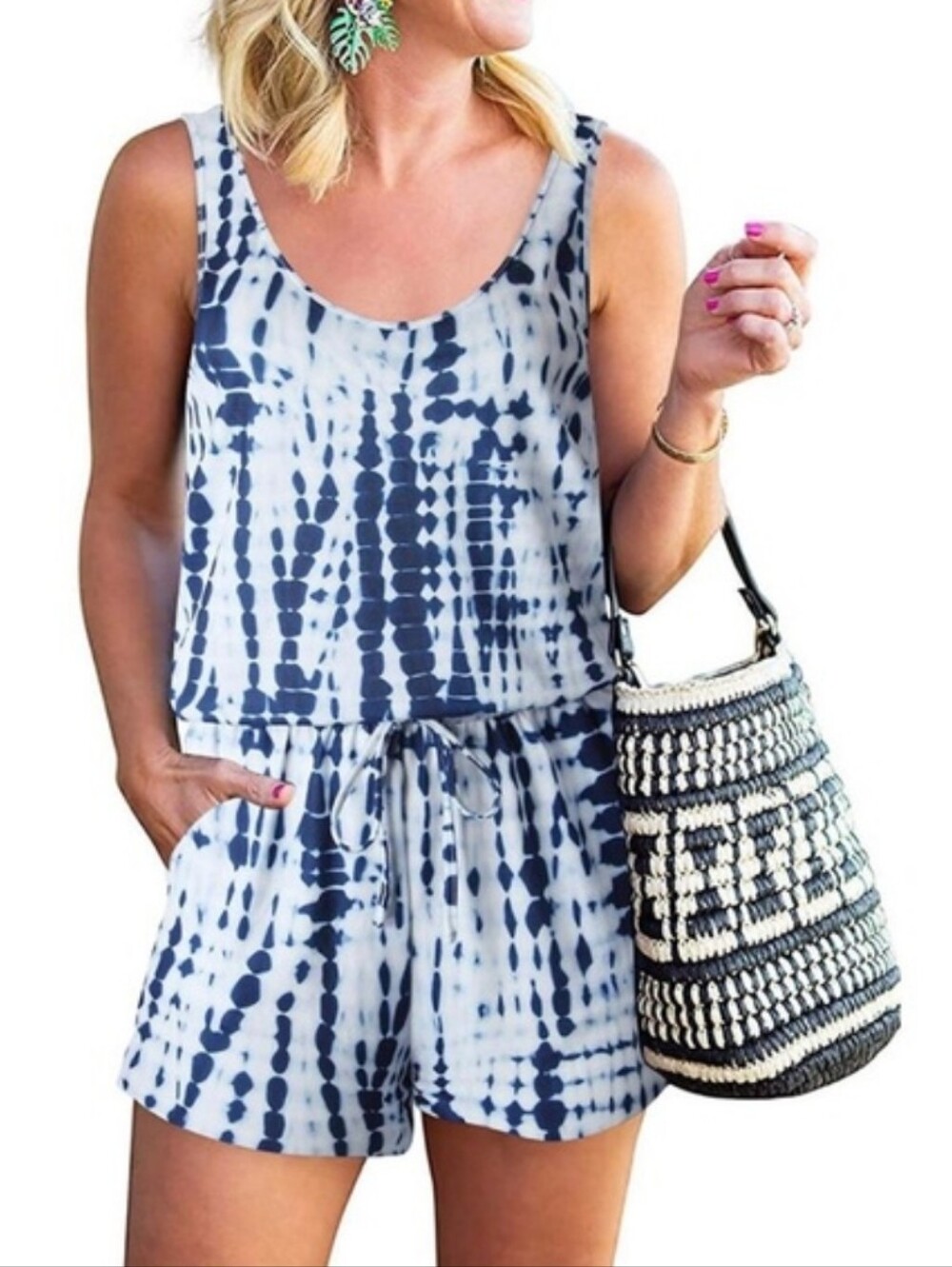 ReoRia S Tie-Dye Sleeveless Shorts Romper Blue/White 4030-